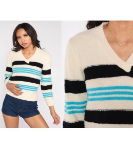 Ivory V-Neck Striped Knit...