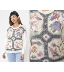 Ivory Floral Intarsia Knit...