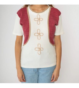 White Ribbed Knit Tee with...