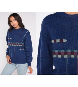 Navy Grid-Pattern Knit Sweater